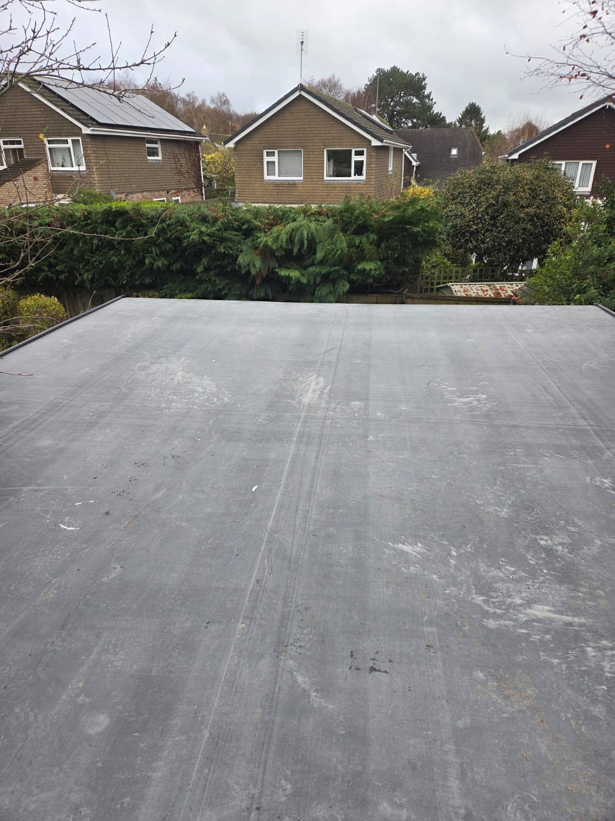 EPDM rubber flat roof on a rear extension overlooking a wooded garden